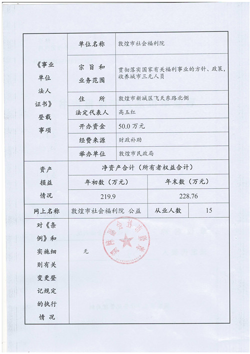 敦煌市社会福利院 2019年事业单位法人年度报告书